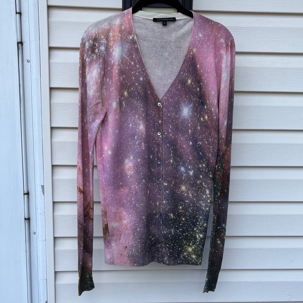 Christopher Kane Men’s Pink Galaxy Print 85% Silk 15% Cashmere Cardigan-S-EUC